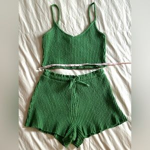 Lisa Says Gah! Green Ribbed Tank Top and Shorts Cotton Lounge Set Size Small
